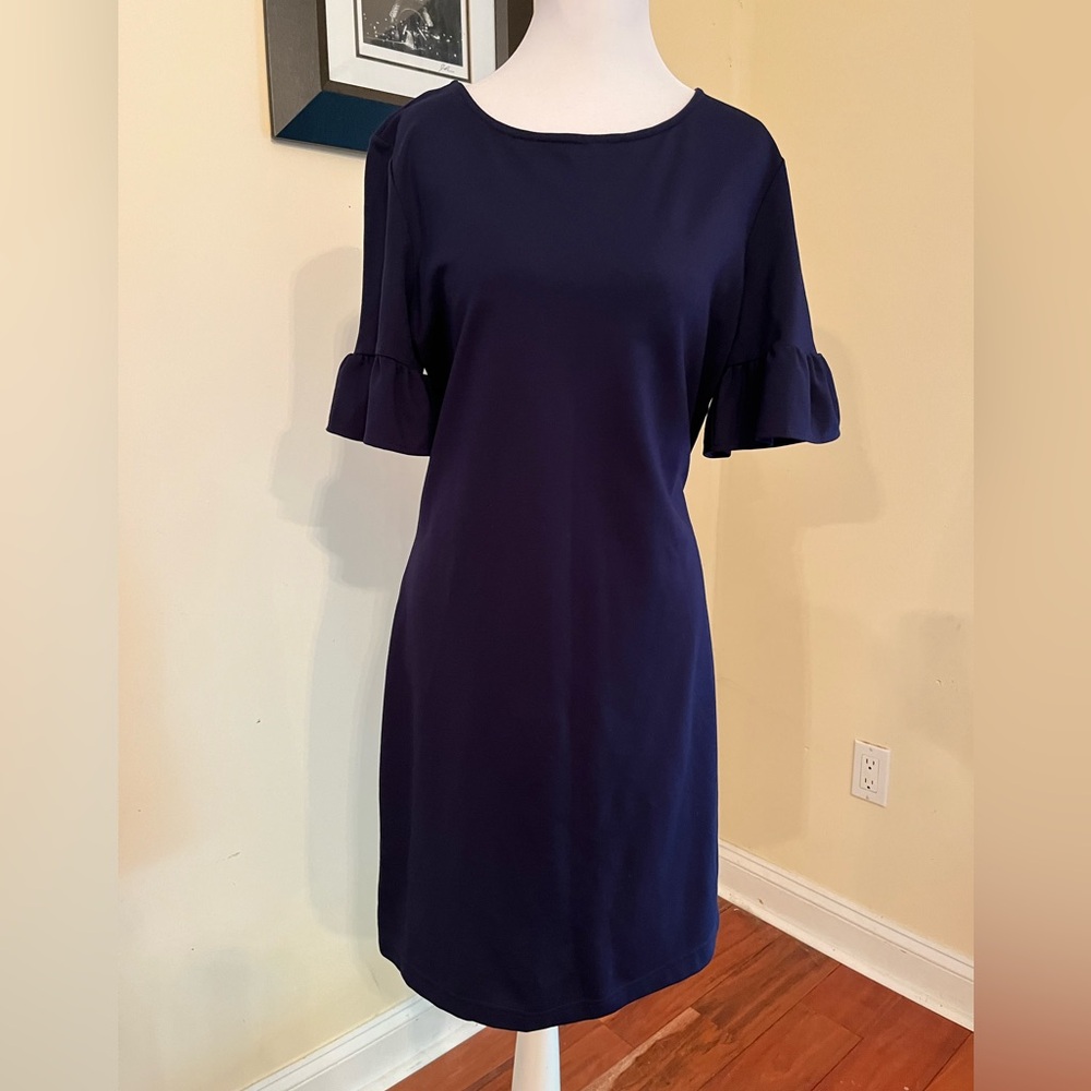 Blue Sheath Dress with Bell Sleeves